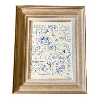 1980’s Original Wayne Cunningham Abstract Blue Ink Drawing Vintage Frame For Sale