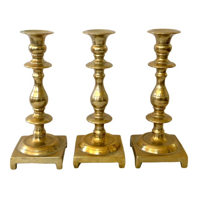 19th Century Russian Shabbat Brass Candlesticks - Set of 3 For Sale