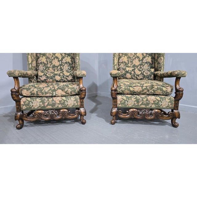 Set of Jacobean Walnut Wing Library Armchairs, 1910 For Sale - Image 9 of 13