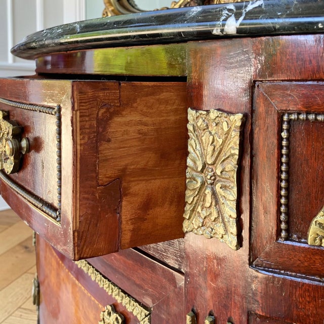 Brown 1960s Pair of French Louis XVI Style Demilune Marble Top Commodes | Nightstands | Bedside Tables For Sale - Image 8 of 11