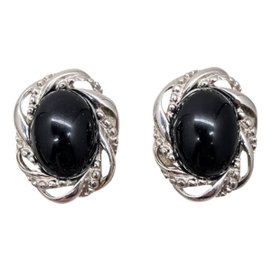 Vintage 1980s Signed Givenchy Rhodium Plated Cabochon Faux-Onyx Clip Earrings-2 Pieces