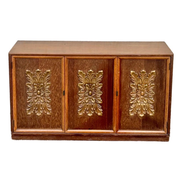 Mid-Century Modern Vintage Sculptural Walnut Credenza With Decorative Doors For Sale