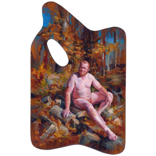 This oil painting on a maple palette features a nude figure seated among a vibrant autumn landscape, surrounded by fallen...