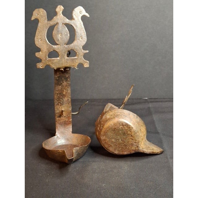 18th Century Rare 18th C Wrought Iron Double Crusie Phoebe Grease Lamp Bird Motif Folk Art For Sale - Image 5 of 18