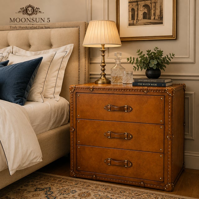 English Luxury Tan Leather 3 Drawer Console, Handmade Leather Chest of Drawers, Vintage Trunk Style Nightstand, Brass Studded Storage Cabinet For Sale - Image 3 of 12