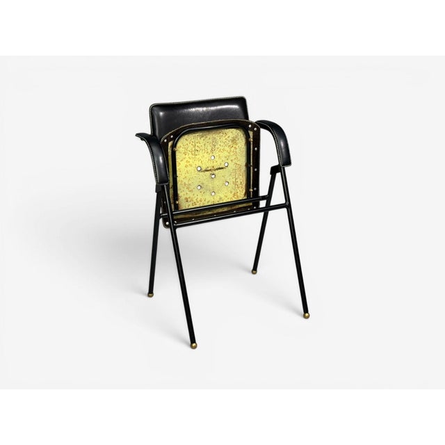 Metal Jacques Adnet Attr., Folding Chair, Black Leather, Brass, France, 1950s For Sale - Image 7 of 10