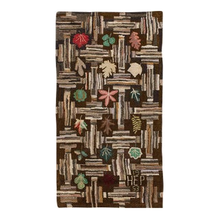 Lofty Brown Color Background With Floral and Symmetrical Patters Design Vintage American Hooked Rug For Sale