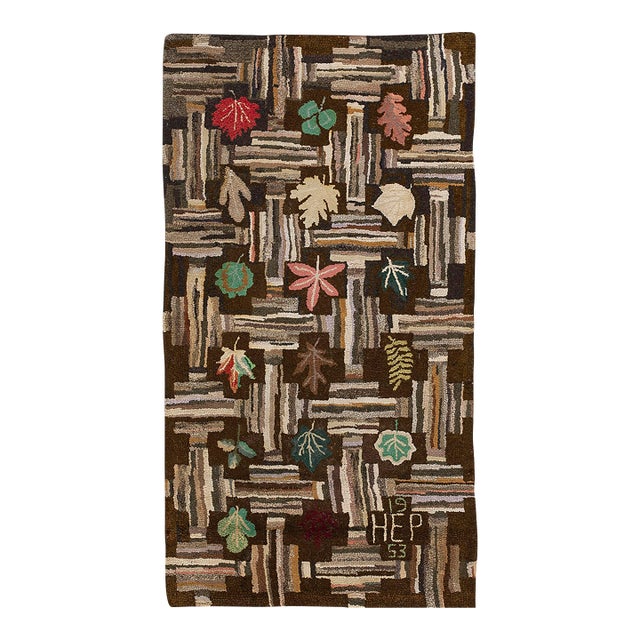 Lofty Brown Color Background With Floral and Symmetrical Patters Design Vintage American Hooked Rug For Sale