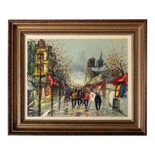 1978 Signed Mile Paris Street Scene Original Oil Painting, Framed For Sale