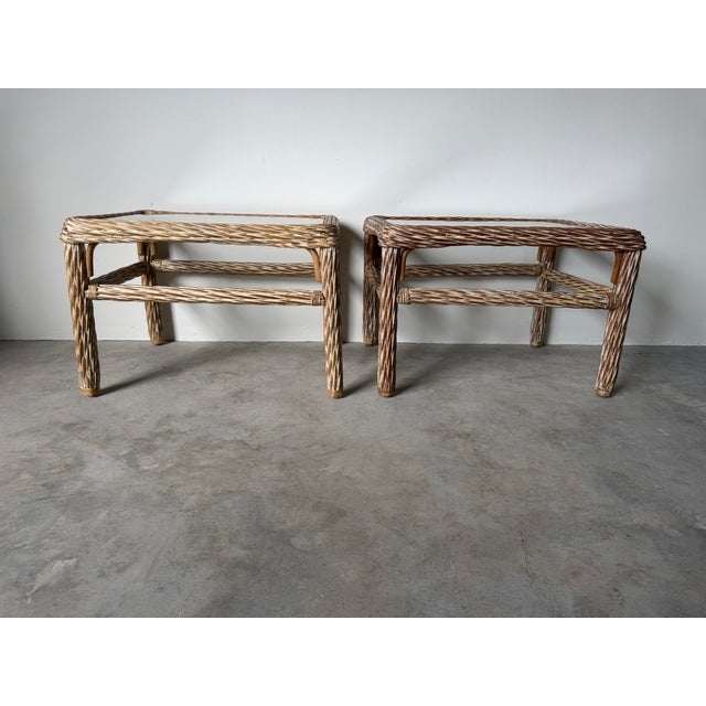 Coastal 1970's Vintage Coastal Organic Whitewashed Rattan & Glass Top End Tables – A Pair For Sale - Image 3 of 15