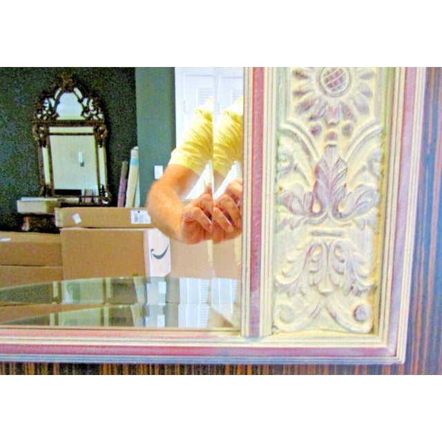 Antique French Trumeau Large Wall Mirror Pale Green Painted With Red Trim For Sale - Image 4 of 8