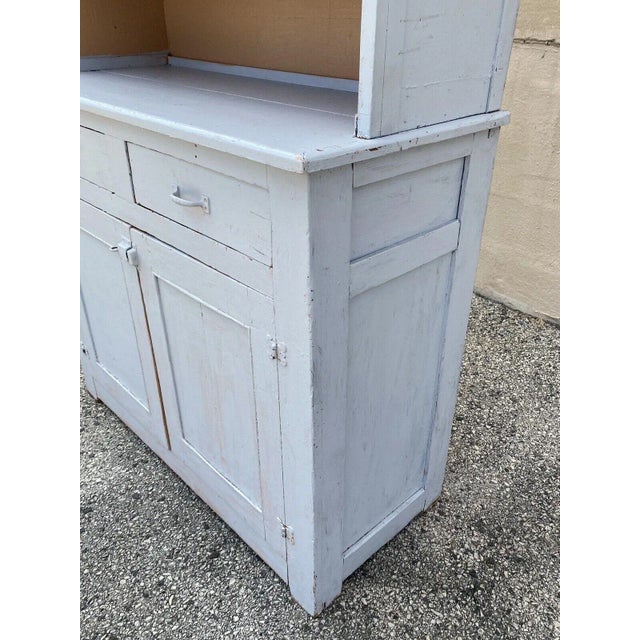 1900s Antique Country Farmhouse White Painted 2 Piece Step Back Hutch Kitchen Cupboard For Sale - Image 12 of 12