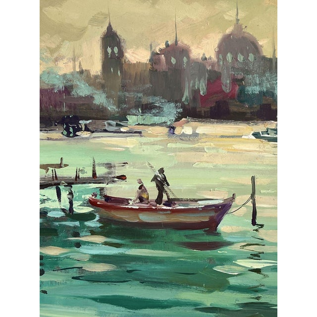 Turquoise Oil Painting Evening Over the Pier With Boats Yuriy Suprunchuk For Sale - Image 8 of 11