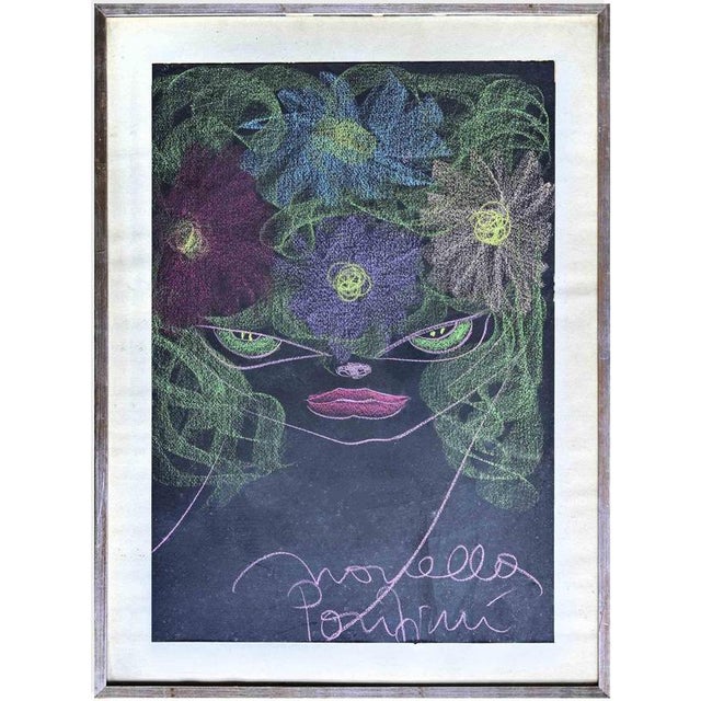Novella Parigini, Portrait Drawing, 1970s, Oil Pastel on Cardboard, Framed For Sale