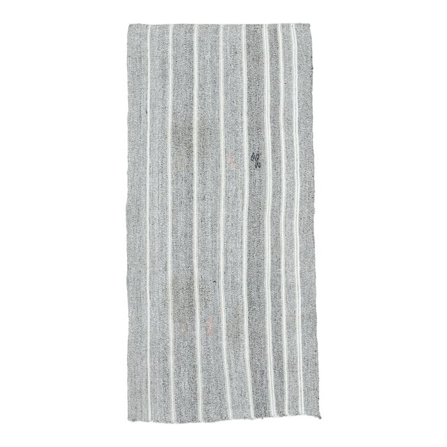 Vintage Turkish Hand-Knotted Wool Cotton Gray Kilim Runner Rug For Sale