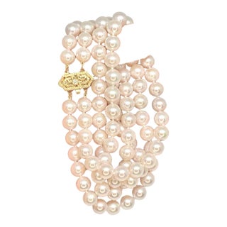 1990s Diamond Akoya Pearl Necklace 8 Mm 14k Gold 17 in 2-Strand Certified For Sale