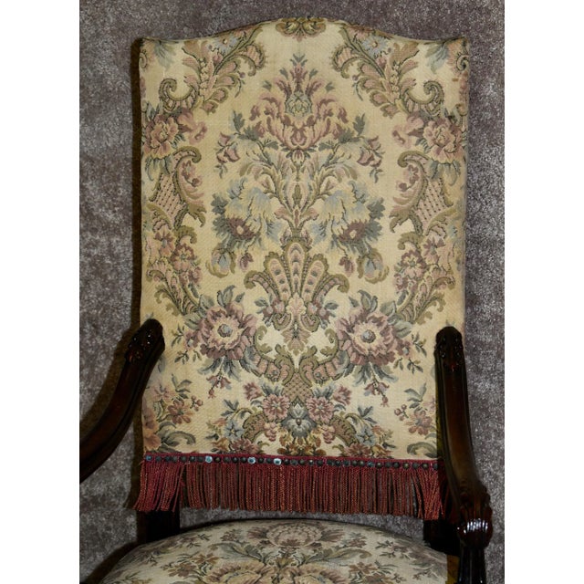 1920s Antique Carved Oak Armchair 1920s Tudor Style High Back Fringe Stretcher Base For Sale - Image 5 of 13
