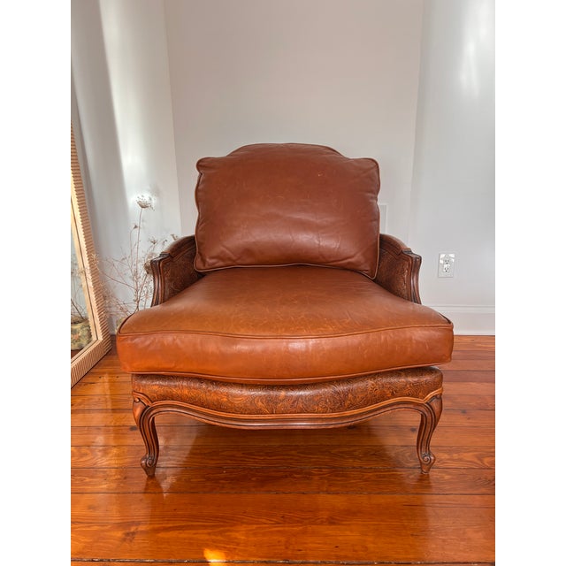 Brown 1990s Ethan Allen Bergere Leather Chair and Ottoman For Sale - Image 8 of 17