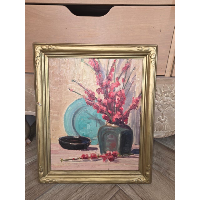 Charming vintage Impressionist still life Painting with ceramic vessels and flowers.