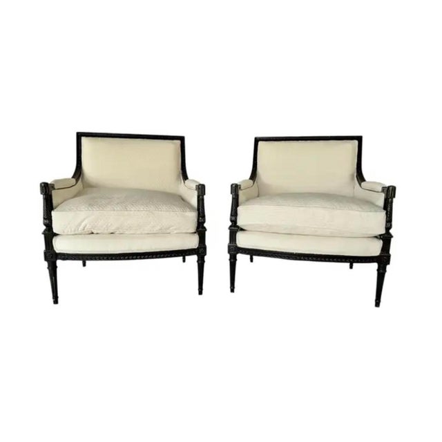 French Louis XVI Marquis Bergère À La Reine Salon Armchairs, a Pair For Sale - Image 13 of 13