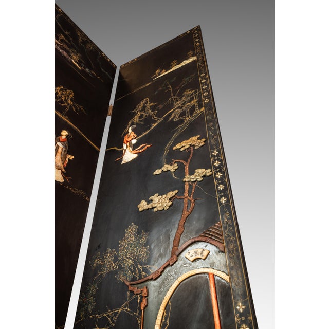 Antique Chinese Black Lacquered Four Panel Folding Screen Room Divider With Carved Hardstone, China, Circa 1950s For Sale - Image 9 of 18