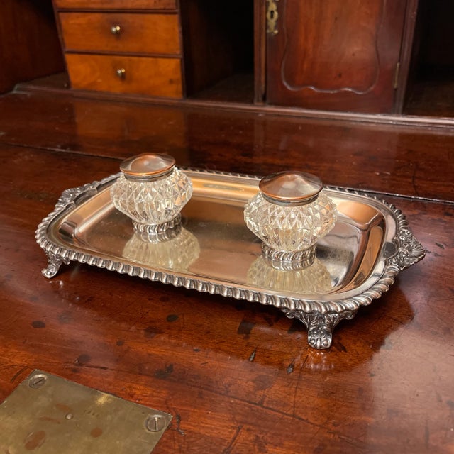 Metal 19th Century Sheffield Pen Tray With Crystal Inkwells - 3 Pieces For Sale - Image 7 of 7