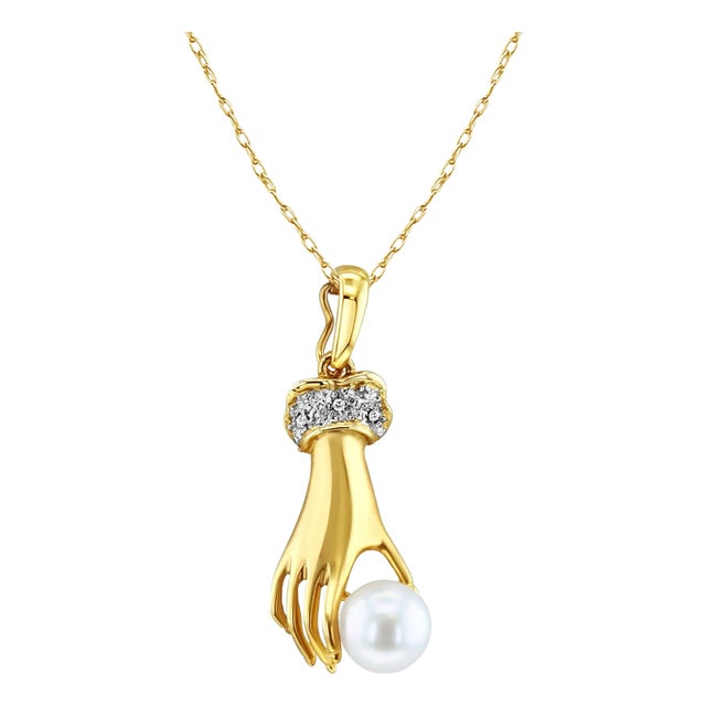 Pearl & Pave Diamond Accented Mudra Hand Necklace 16" For Sale
