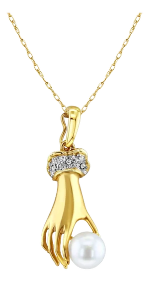 Pearl & Pave Diamond Accented Mudra Hand Necklace 16"