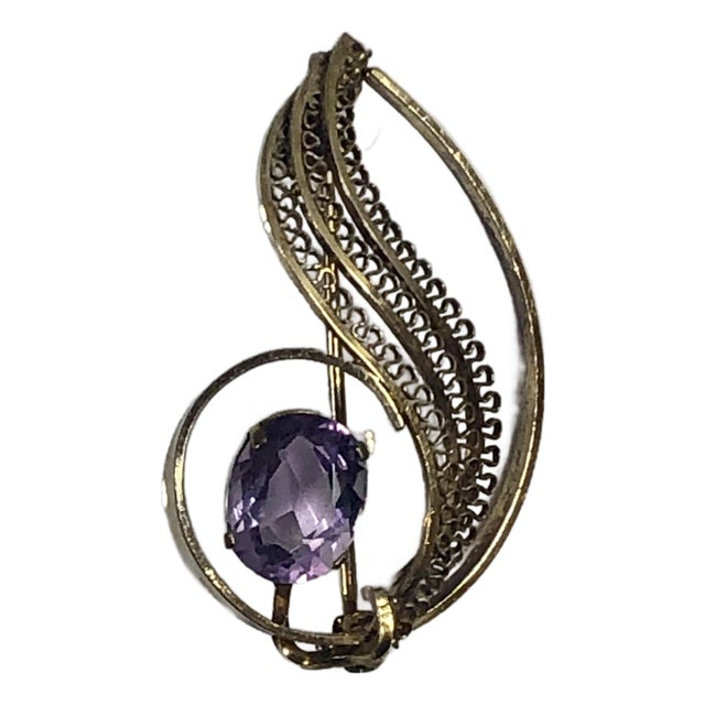 1950s Amethyst 14k Gold Filled Brooch For Sale