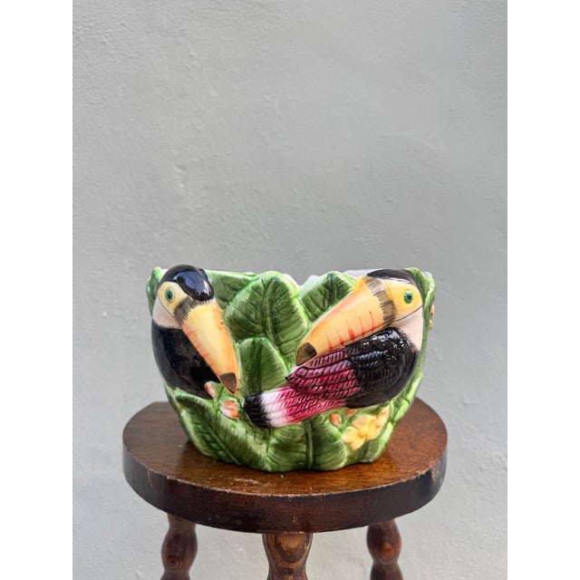 Vintage Majolica Toucan Sculptural Bowl — Tropical Leaf Surround, Hand Painted For Sale In Miami - Image 6 of 7