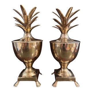 Mid 20th Century Hollywood Regency Palm Beach Brass Pineapple Urn Candleholders - a Pair For Sale