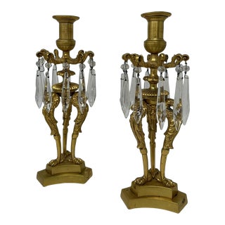 Antique Pair of English Regency Ormolu Bronze Lusters Candlesticks Candelabra For Sale