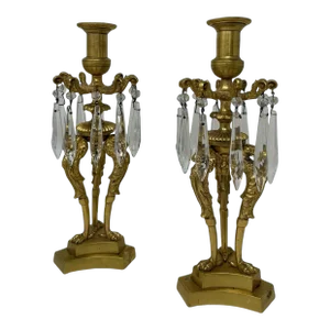 Antique Pair of English Regency Ormolu Bronze Lusters Candlesticks Candelabra