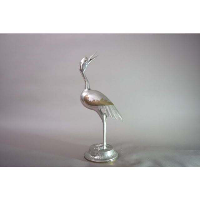 Gold Art Deco Silver-Toned Crane Bird Sculpture with Brass Accents, 1960s For Sale - Image 8 of 11