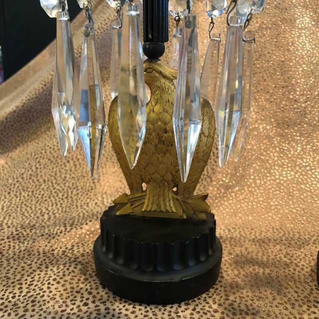 Mid 19th Century French Empire Metal Marble and Gilt Ormolu Eagle Crystal Luster Candle Holders - a Pair For Sale In Minneapolis - Image 6 of 12