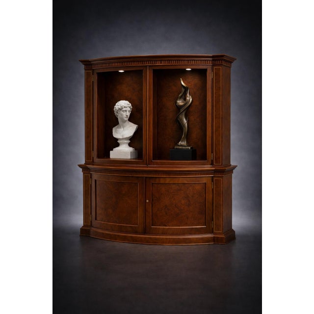 Glass Late 20th Century Baker Furniture Bow Front Architectural Display Cabinet – Two Piece, Convex Front, Lighted Interior For Sale - Image 7 of 9