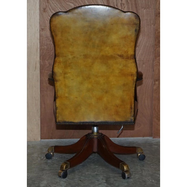 Vintage Brown Leather Oak Framed Captains Directors Armchair For Sale - Image 16 of 17