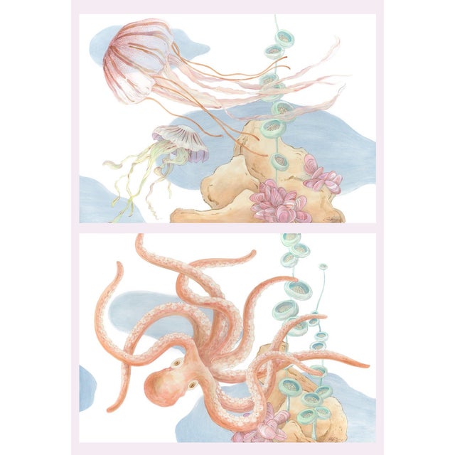 "An Octopus's Garden and Don't be Jelly" Contemporary Jellyfish and Octopus Acrylic Diptych Paintings by Allison Cosmo - a Pair s For Sale - Image 10 of 10