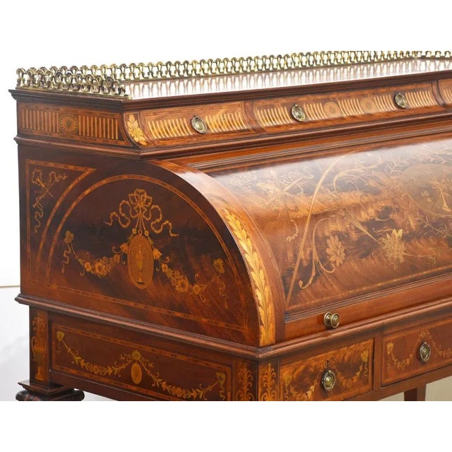 Gold Sheraton Revival Marquetry Inlaid Cylinder Desk For Sale - Image 8 of 18