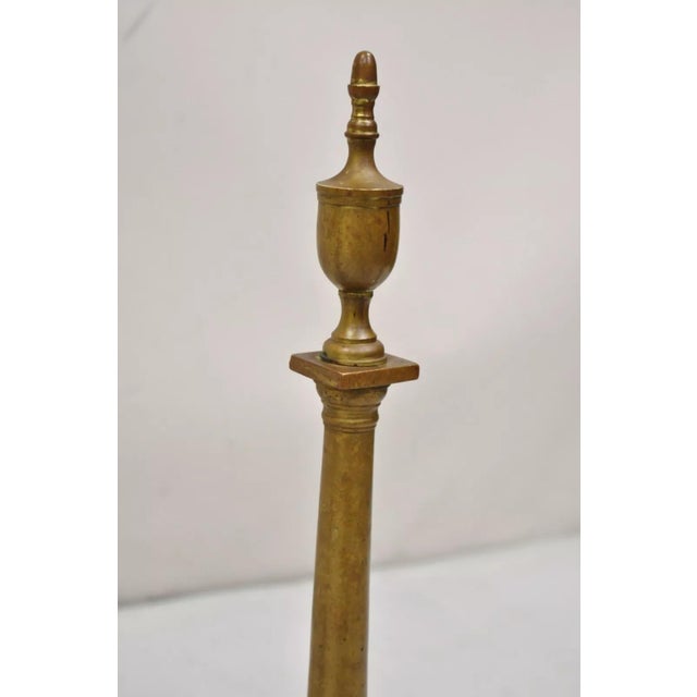 Metal Antique French Empire Brass Bronze Urn Finial Slender Column Andirons - a Pair For Sale - Image 7 of 12