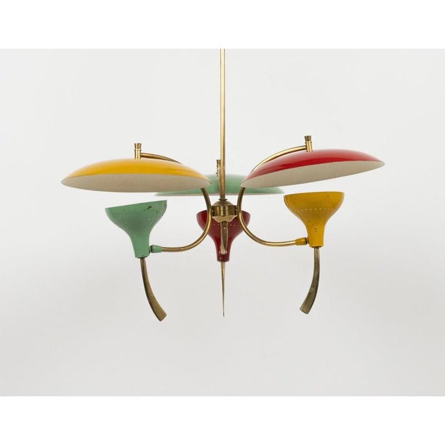 1950s Mid-Century Chandelier in Enamel Metal and Brass in the style of Stilnovo, Italy, 1950s For Sale - Image 5 of 17