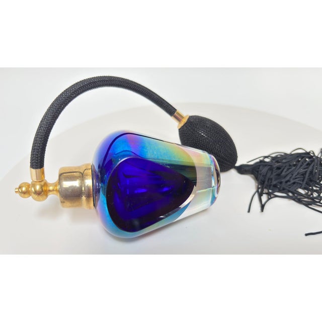 Glass Iridescent Cobalt and Amethyst Art Glass Perfume Atomizer Faceted Crystal 1980 For Sale - Image 7 of 18