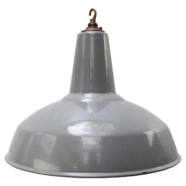 Vintage British Industrial Grey Enamel and Brass Pendant Light For Sale