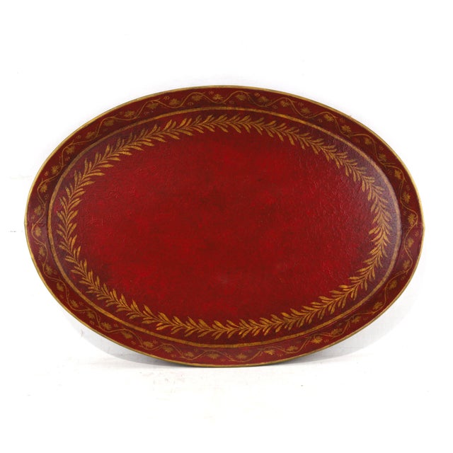 Vintage Handmade Metal Red Tray with Hand-Painted Gold Olive Leaf Wreath