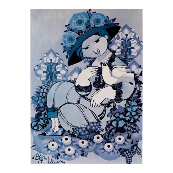 Bjørn Wiinblad 大判ポスター 1968年 サイン入り 額装済み 1980s Danish Bjorn Wiinblad Exhibition Poster - the Blue Lady