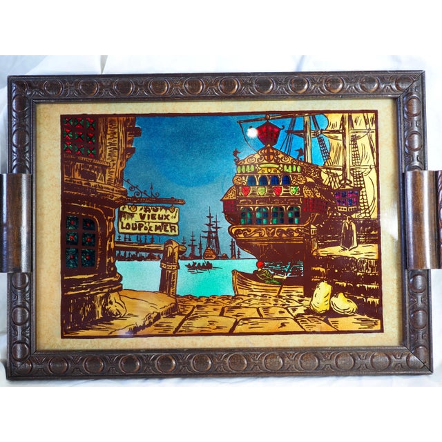 1970s French Au Vieux Loup De Mer Eglomisé Glass Decorative Tray With Pirate Thematic For Sale - Image 4 of 11