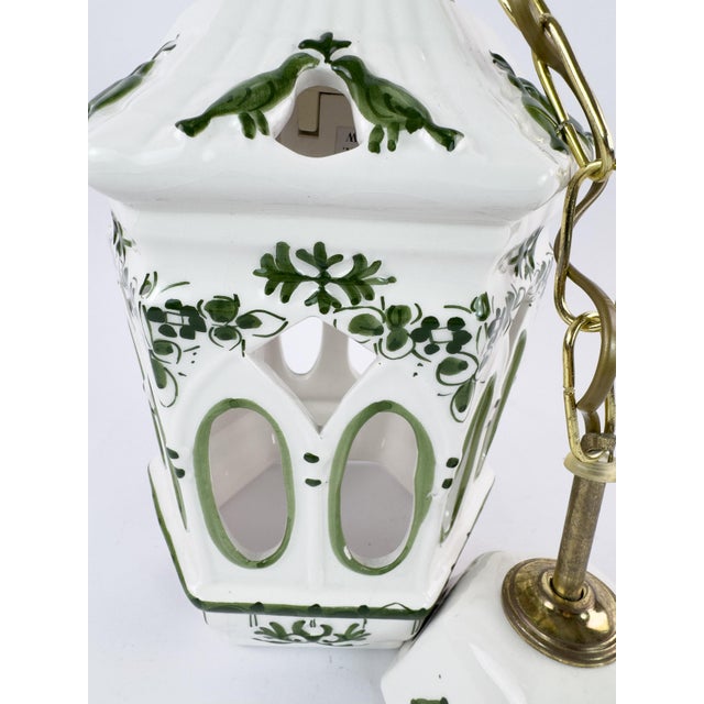 Vintage French Ceramic Pendant Light With Hand-Painted Green Birds For Sale - Image 14 of 18