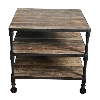 Vintage Solid Elm Wood and Cast Iron End Table From Retired Restoration Hardware Collection (2 Available) For Sale