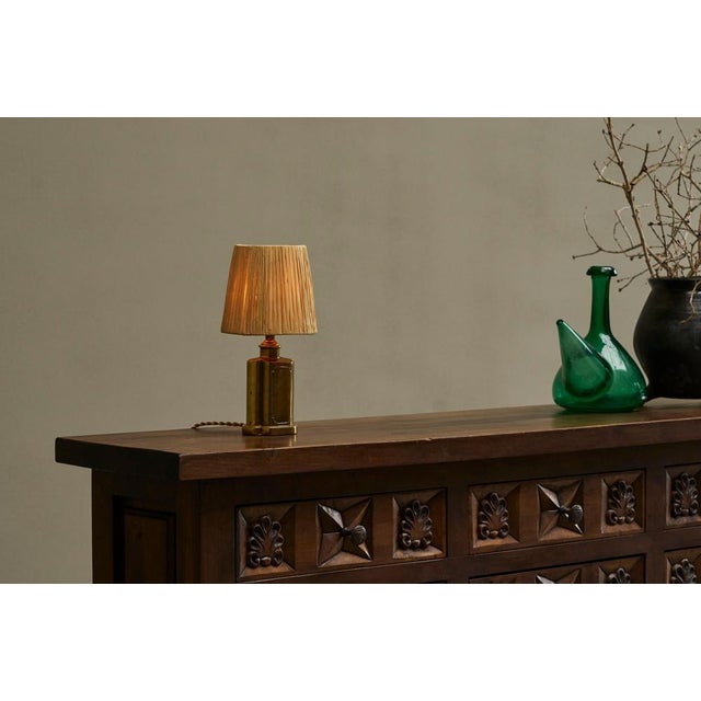 Metal Art Deco Table Lamp in Patinated Brass with Raffia Shade, 1940s For Sale - Image 7 of 13