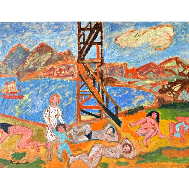 1950s Bruno Krauskopf, Nude Beach, New Jersey, Oil Painting, Expressive Realism For Sale - Image 5 of 10